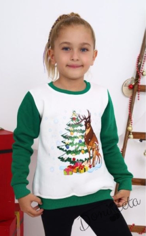 Коледна ватирана блуза за момиче с еленчета и елха в бяло и зелено 1