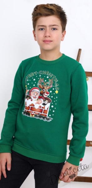 Коледна ватирана блуза за момче с Дядо Коледа и еленът Рудолф в зелено 1
