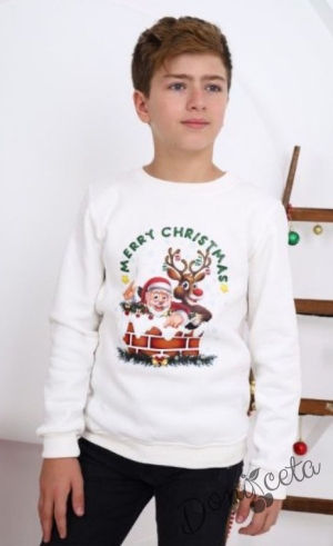 Коледна ватирана блуза за момче с Дядо Коледа и еленът Рудолф в бяло 1