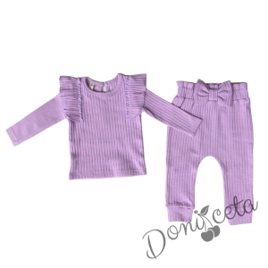 Бебешки релефен комплект за момиче с дълъг ръкав в лилаво Фукла