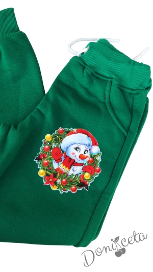 Ватиран коледен детски комплект в бяло и зелено със снежен човек 3