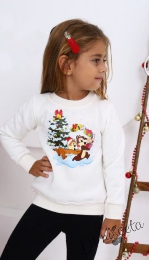 Коледна ватирана блуза за момиче с катеричките Чип и Дейл в бяло 1