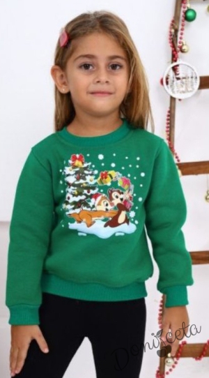 Коледна ватирана блуза за момиче с катеричките Чип и Дейл в зелено 1