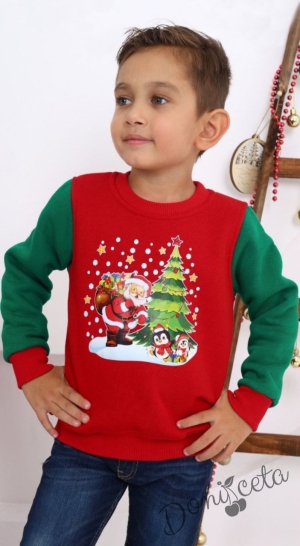 Коледна ватирана блуза за момче  с Дядо Коледа и пингвини в червено и зелено