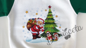 Коледна ватирана блуза за момче  с Дядо Коледа и пингвини в бяло и зелено 2