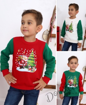 Коледна ватирана блуза за момче  с Дядо Коледа и пингвини в бяло и зелено 3