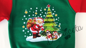 Коледна ватирана блуза за момче  с Дядо Коледа и пингвини в зелено и червено 2