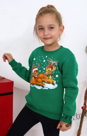 Коледна ватирана блуза за момиче с две еленчета в зелено 1
