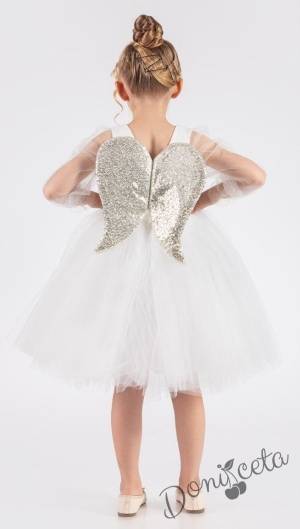 Официална детска рокля Рангелина  с дълъг в бяло с ангелски крила 5