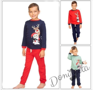 Пухкава пижама за момче в червено и тъмносиньо с Дядо Коледа, еленче и пингвинче 5676878002 2