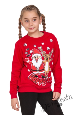 Коледна леко ватирана блуза за момиче в червено с дълъг ръкав с Дядо Коледа и еленче 1