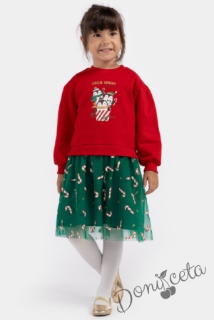 Коледна бебешка/детска рокля в червено с пингтвинчета и мека тюл пола в зелено с близалки