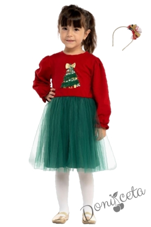Коледна бебешка/детска рокля в червено с елха с пайети и мека тюл пола в зелено и коледна диадема