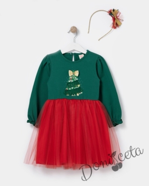 Коледна бебешка/детска рокля в зелено с елха с пайети и мека тюл пола в червено и коледна диадема