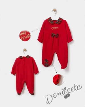 Коледен бебешки гащеризон за момче/момиче в червено с надпис, якичка в каре и панделка 1