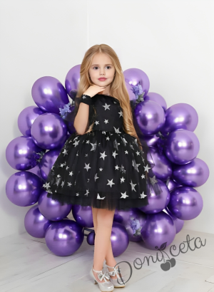 Официална детска коледна рокля с тюлен ръкав ръкав в черно на звезди и фиба за коса