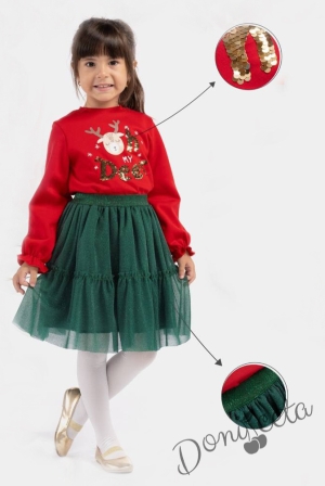Коледен комплект за момиче от 2 части - леко ватирана блуза със надпис и еленче  в червено и тюл пола в зелено с  харбала 1
