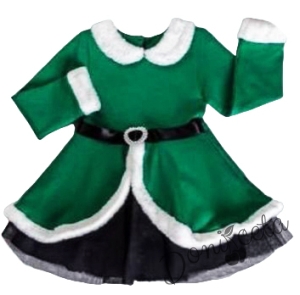 Детска изрязана коледна рокля с дълъг ръкав в  зелено с бяла пухкава якичка и черен тюл с черен колан 1
