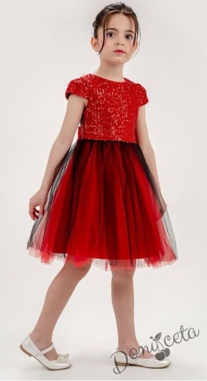 Детска официална рокля Бианка в червено с пайети отгоре и тюл пола с червен и черен тюл 1