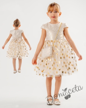 Детска официална рокля в екрю с дантела и златисто с тюл пола на точки и аксесоар чанта