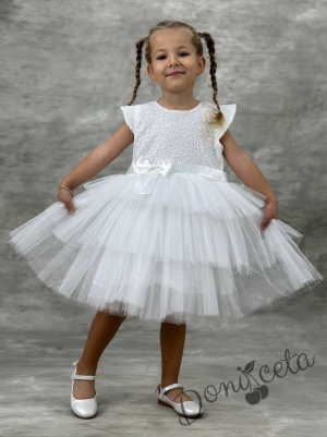 Детска официална рокля Ханна в бяло от пайети и тюл на 3 пласта 1