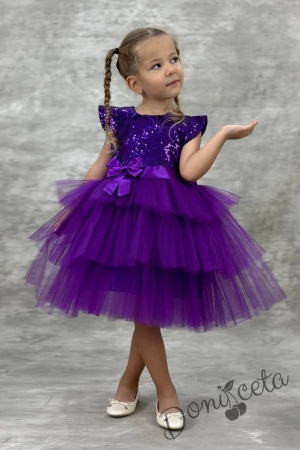 Детска официална рокля Ханна в тъмнолилаво от пайети и тюл на 3 пласта 1