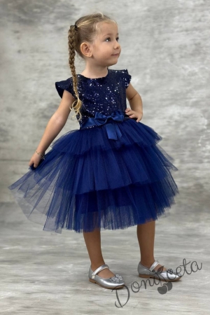 Детска официална рокля Ханна в тъмносиньо от пайети и тюл на 3 пласта