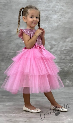 Детска официална рокля Ханна в розово от пайети и тюл на 3 пласта