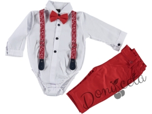 Бебешки комплект от панталон в червено, боди-риза в бяло, тиранти и папийонка 6872896 1