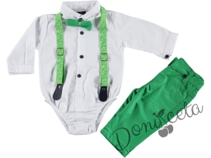 Бебешки комплект от панталон в зелено, боди-риза в бяло, тиранти и папийонка в зелено 8512133400