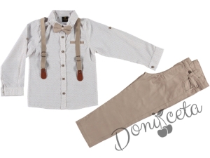 Комплект за момче в бежово - риза в бяло с орнаменти и тиранти 6516580011