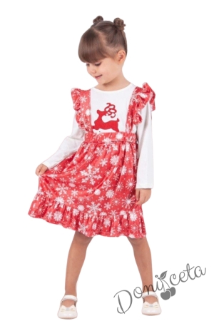 Бебешки/детски коледен комплект от блуза в бяло с еленче и червен сукман на бели снежинки
