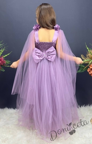 Официална дълга детска рокля от тюл Денис с 3D цветя и елементи в горната част и тюлени воали в лилаво 2
