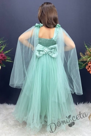 Официална дълга детска рокля от тюл Денис с 3D цветя и елементи в горната част и тюлени воали в тюркоаз/мента 2