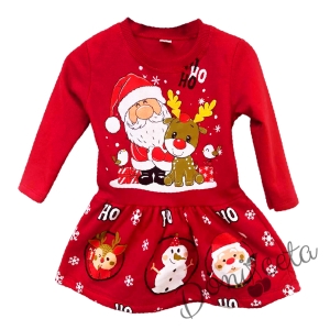 Коледна детска рокля в червено с малко еленче, птиченца и Дядо Коледа 454345002