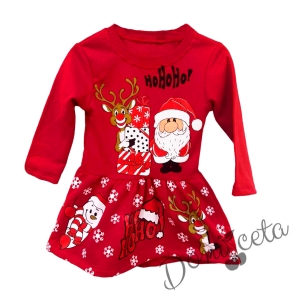 Коледна детска рокля в червено с еленче с подаръци и Дядо Коледа 454345003