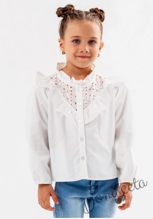 Детска риза за момиче с дълъг ръкав в бяло с къдрици и дантела 43541059