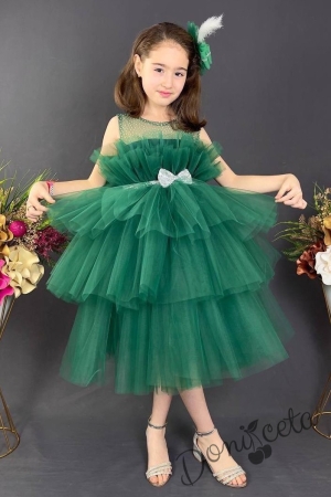 Официална детска рокля без ръкав Фрея - с богат тюл в тъмно зелено и панделка за коса 1