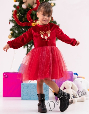 Детска рокля в червено с дълъг ръкав с еленче и тюл пола с блясък 1