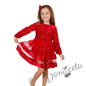 Детска рокля с блясък и тюл на пластове в червено с дълъг ръкав и с панделка за коса 1
