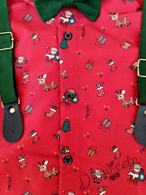 Бебешки комплект от панталон в зелено с тиранти и папийонка и боди-риза в червено с коледни орнаменти 001205533 2