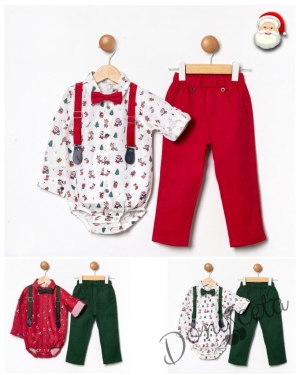 Бебешки комплект от панталон в зелено с тиранти и папийонка и боди-риза в червено с коледни орнаменти 001205533 3