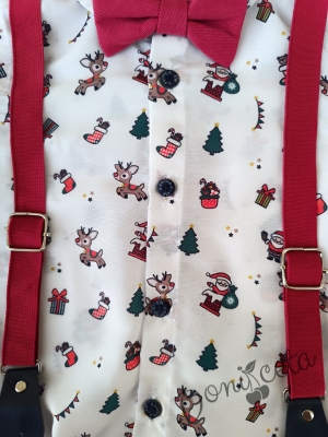 Бебешки комплект от панталон в червено с тиранти и папийонка и боди-риза в бяло с коледни орнаменти 001205533 2