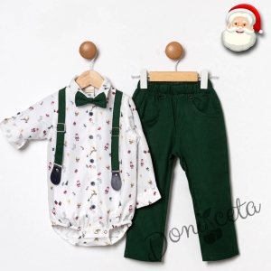 Бебешки комплект от панталон в зелено с тиранти и папийонка и боди-риза в бяло с коледни орнаменти 001205536