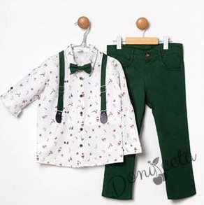 Коледен комплект за момче от риза в бяло с коледи мотиви и панталони в тъмнозелено с тиранти и папийонка 540054032