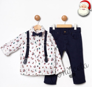 Коледен комплект за момче от риза в бяло с коледи мотиви и панталони в тъмносиньо с тиранти и папийонка 540054032
