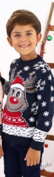 Детски коледен пуловер в тъмносиньо с коледни мотиви и еленче с шапка 998800113
