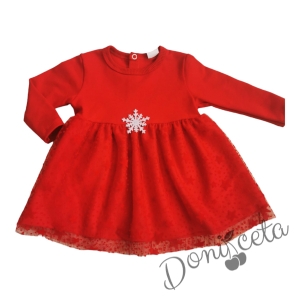 Детска рокля в червено с дълъг ръкав, релефна тюл пола и снежинка