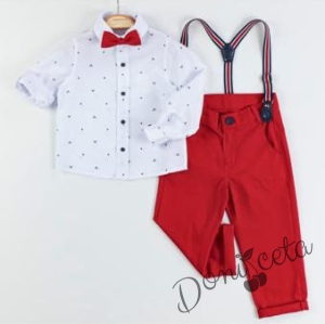 Коледен комплект за момче от риза в бяло с елени и панталони в червено с тиранти и папийонка