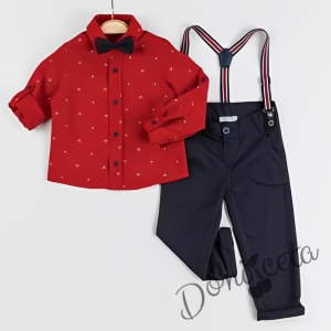 Коледен комплект за момче от риза в червено с елени и панталони в тъмносиньо с тиранти и папийонка
